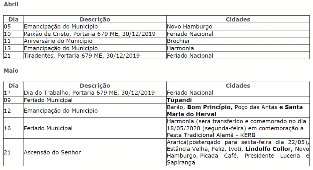 Calendário de feriados 2020 - Sindimetal